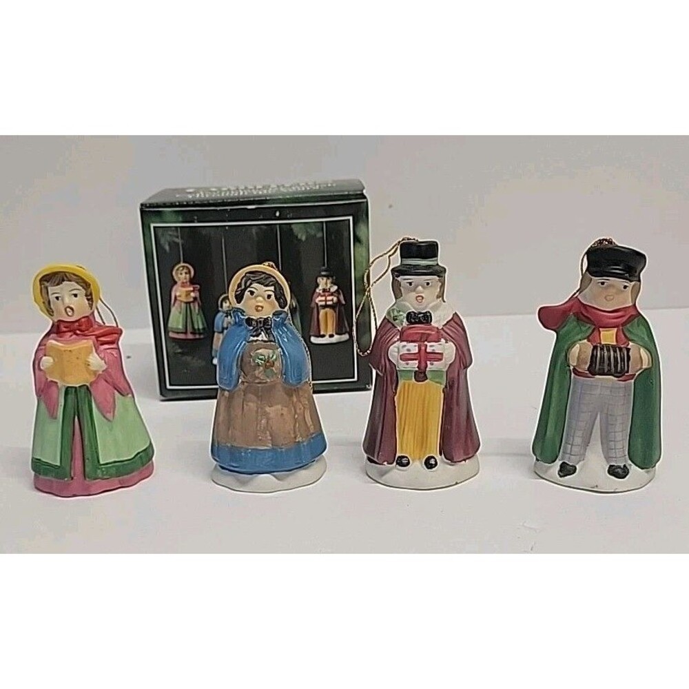 4 Vintage Village Carollers Porcelain Bisque Ornaments Hand Painted Bells JSNY‎